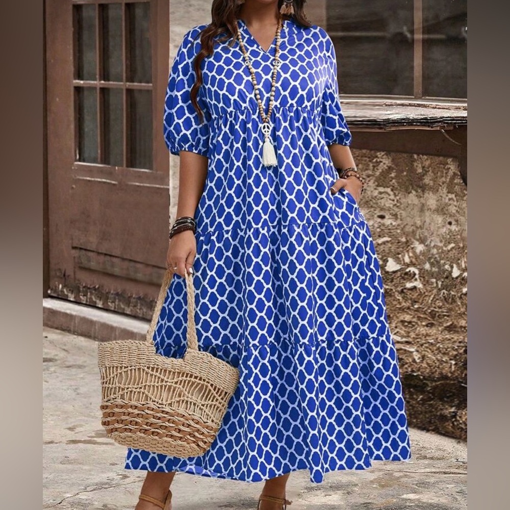 Blue and White Geometric Pattern Emery Rose Dress